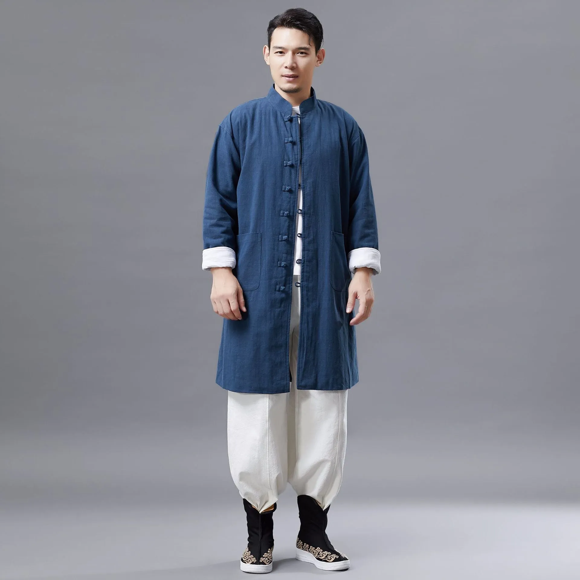 Cotton and Linen Windbreaker Mid-length Stand-Collar Men's Windbreaker