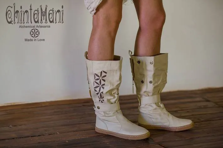 Cotton Canvas Vegan Boots / High Shoes with Flower of Life Print / Off White