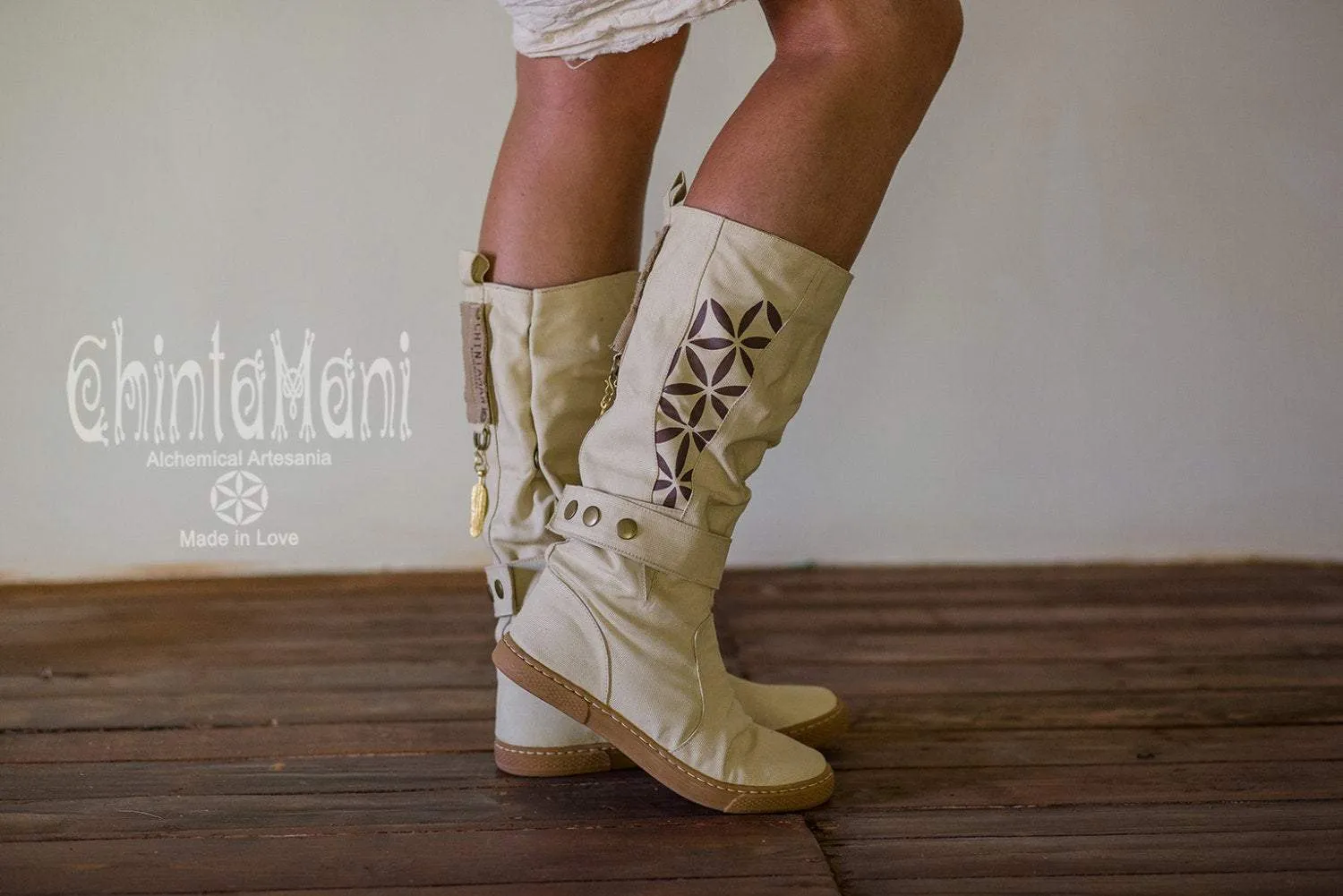 Cotton Canvas Vegan Boots / High Shoes with Flower of Life Print / Off White