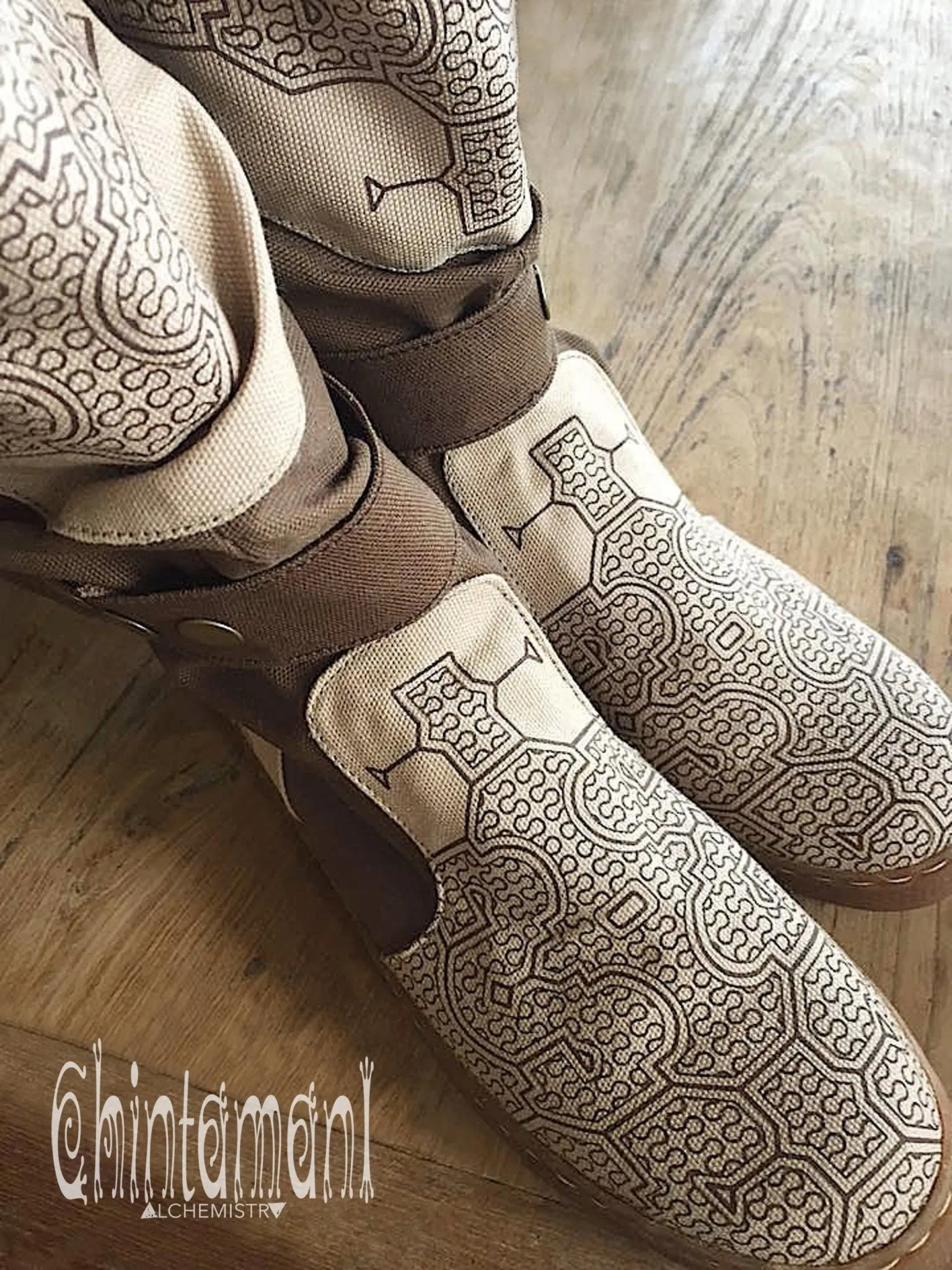 Cotton Canvas Vegan Boots / Shoes with Shipibo Print / Unisex Brown