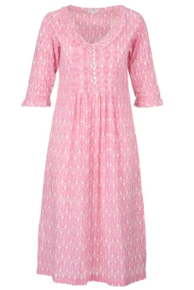 Cotton Karen 3/4 Sleeve Day Dress in Fresh Pink & White