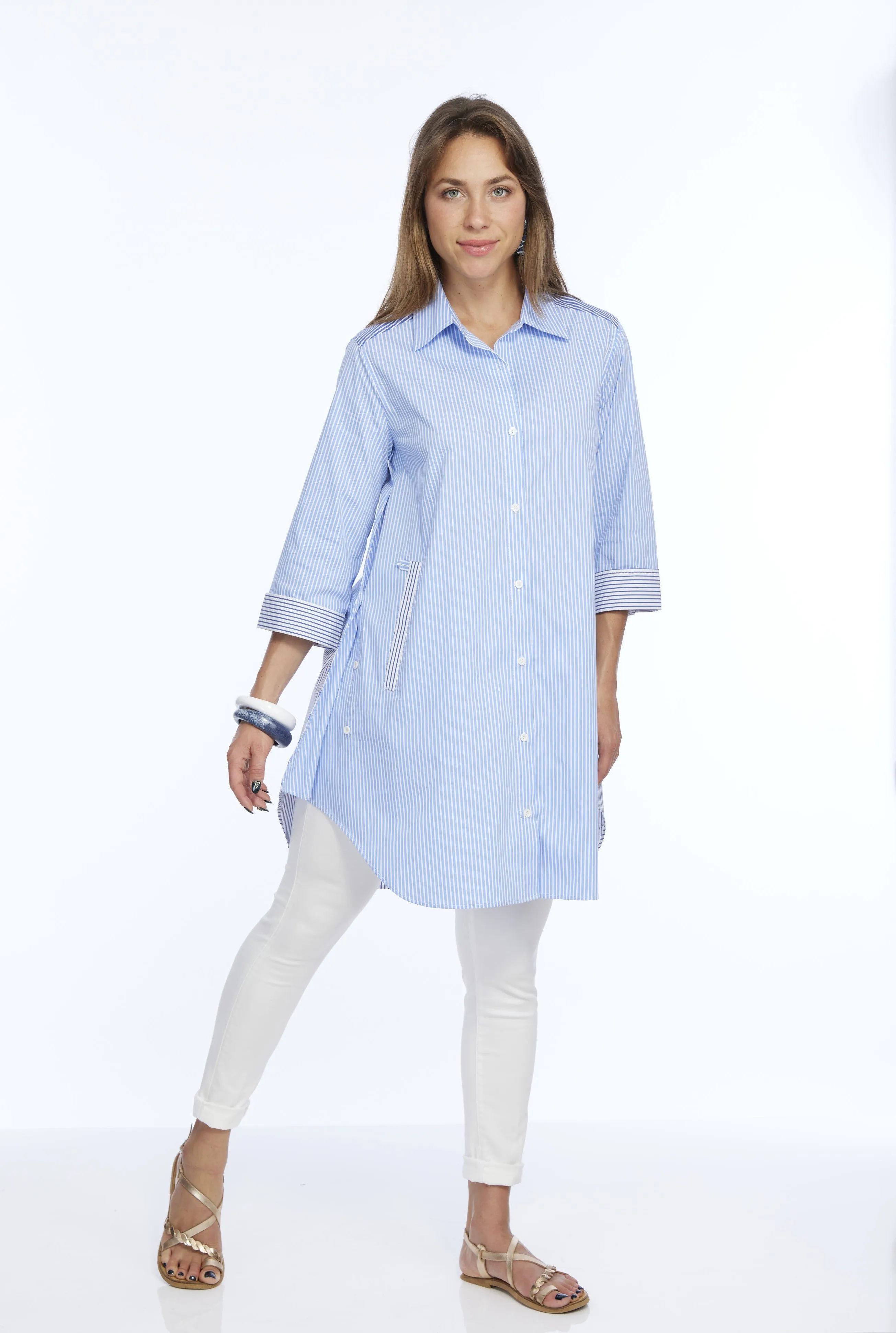 Cotton Striped Button Down Shirt Dress With Side Panel Detail DEBRA | LIOR