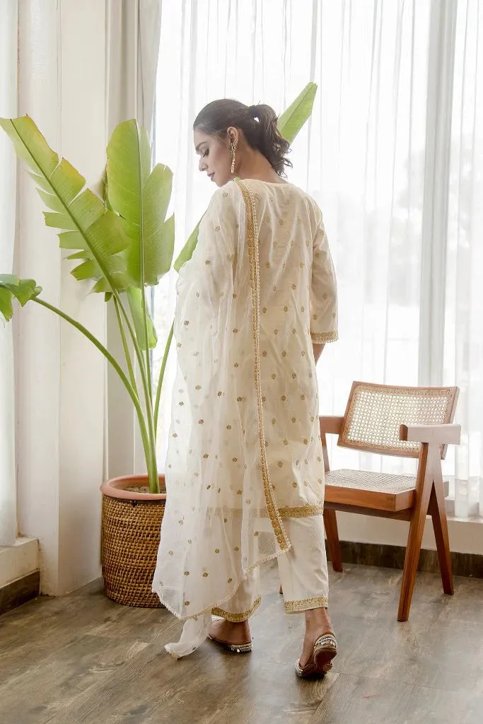 Cotton White Floral Embroidered Suit Set with Cotton Doriya Dupatta