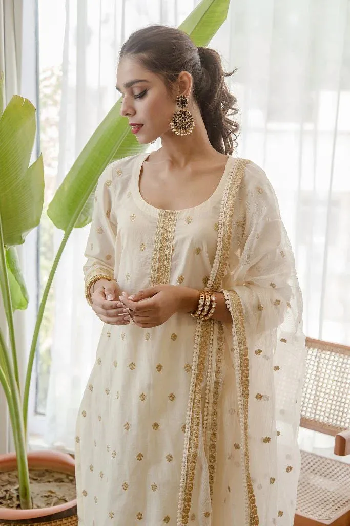 Cotton White Floral Embroidered Suit Set with Cotton Doriya Dupatta