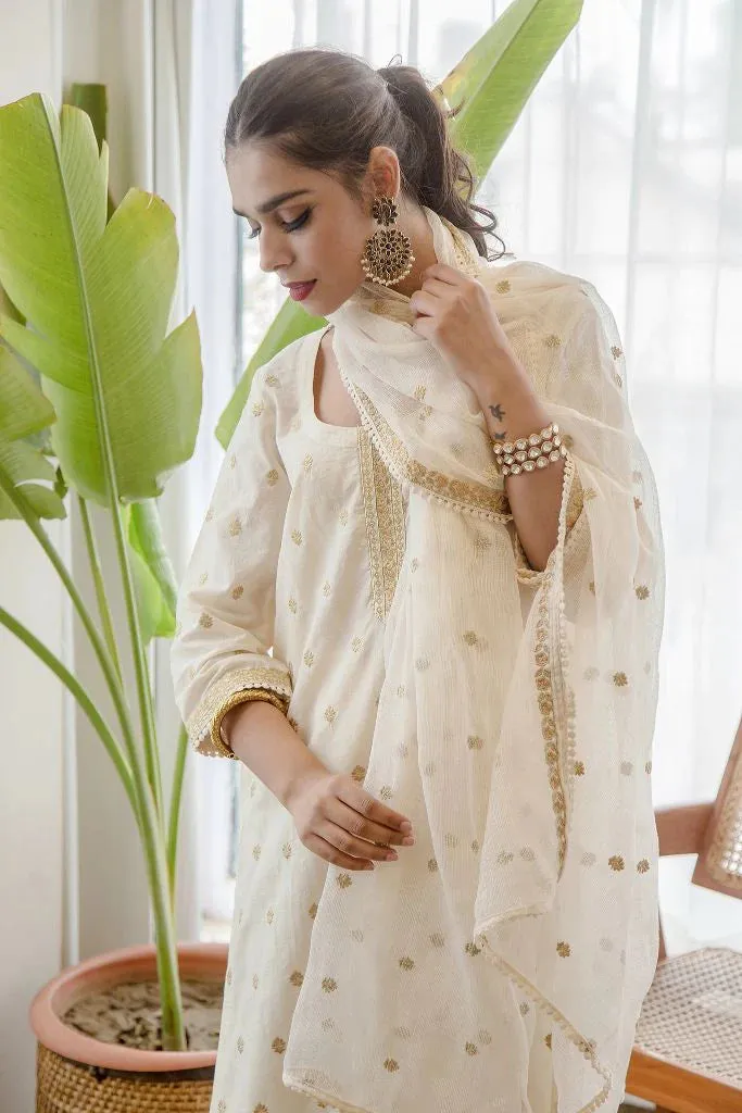 Cotton White Floral Embroidered Suit Set with Cotton Doriya Dupatta