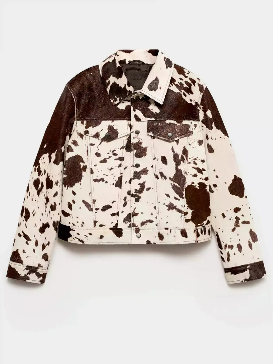 Cow Print Faux Fur Shirt-Style Jacket