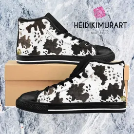 Cow Print Women's Sneakers, White Animal Print Designer 5" Calf Height Running Shoes