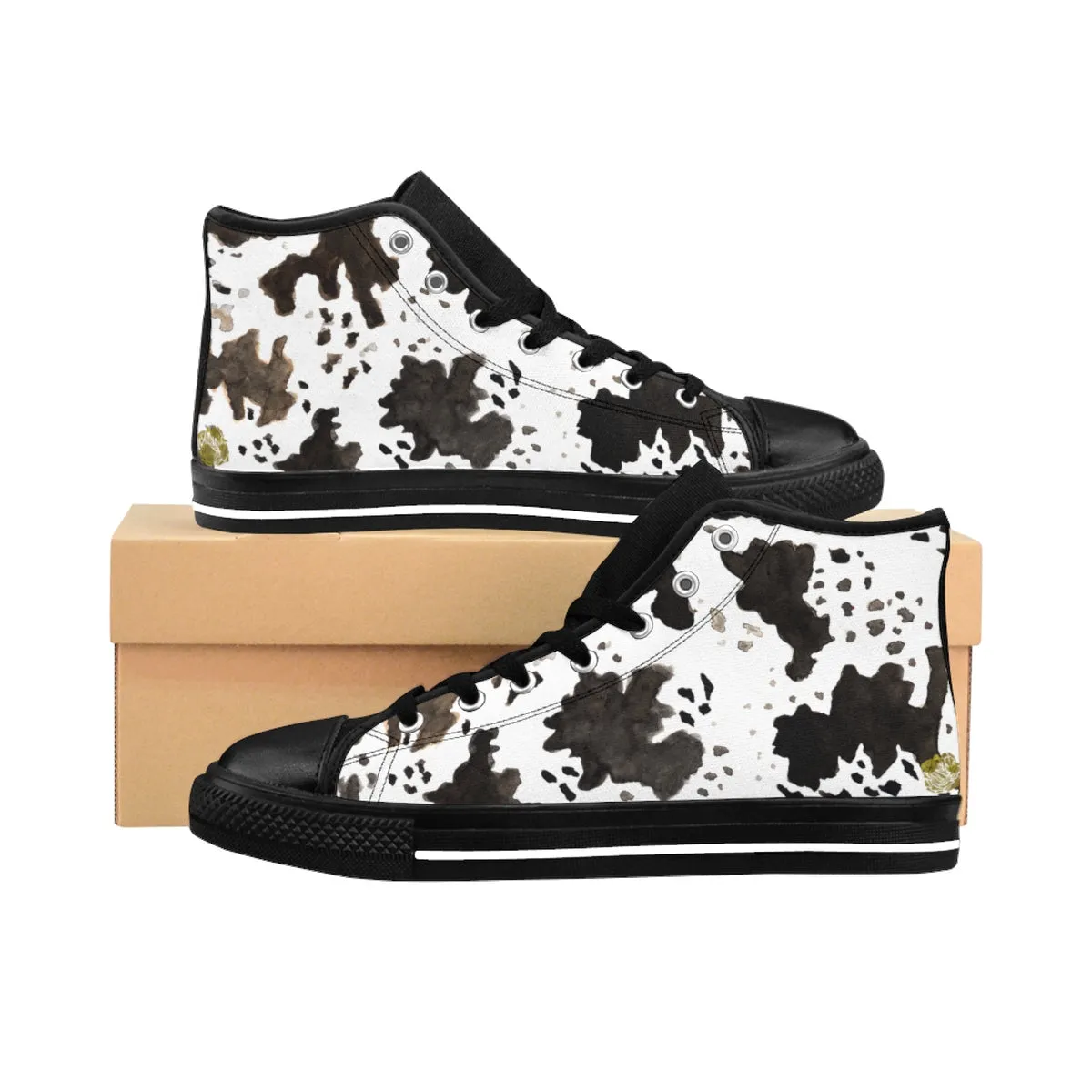 Cow Print Women's Sneakers, White Animal Print Designer 5" Calf Height Running Shoes