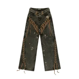 Cowboy Lace Up Tassel Denim Western Boho Jeans