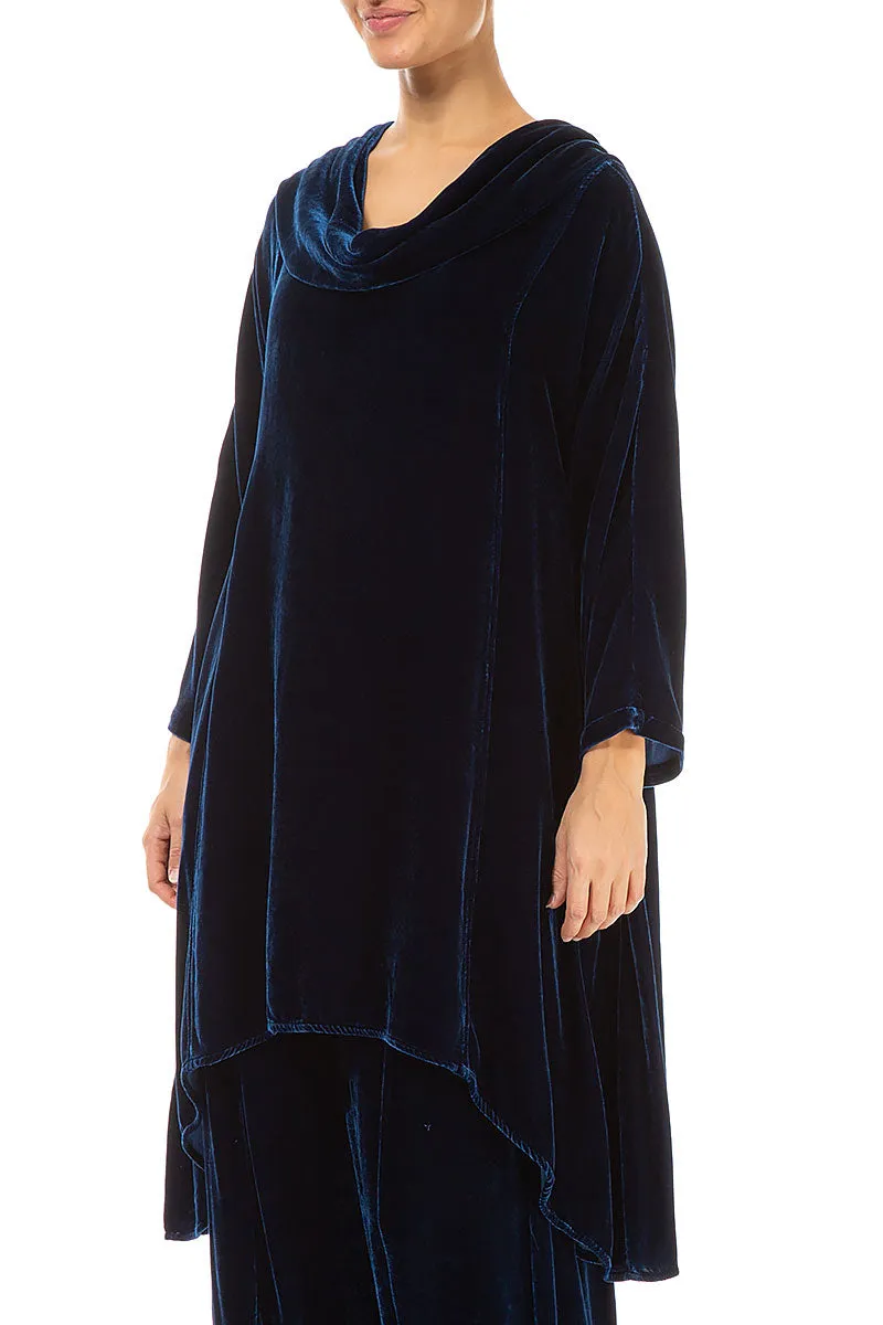 Cowl Neck Asymmetric Azure Silk Velvet Tunic