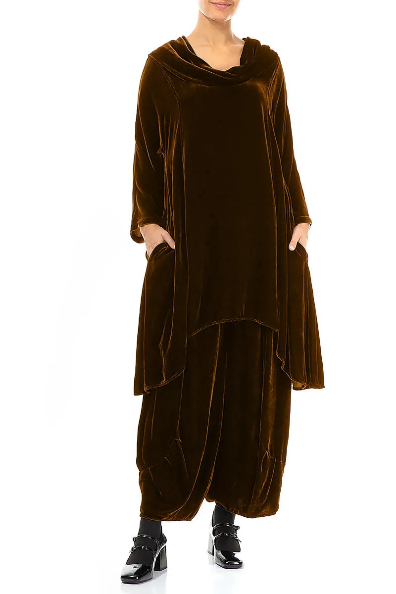 Cowl Neck Asymmetric Golden Olive Silk Velvet Tunic