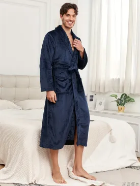 Cozy Solid Color Flannel Robe - Men's Autumn Winter Loungewear with Double Pockets, Lace-Up Closure, Elegant Design - Soft, Plush, and Warm Bathrobe Pajamas for Relaxation