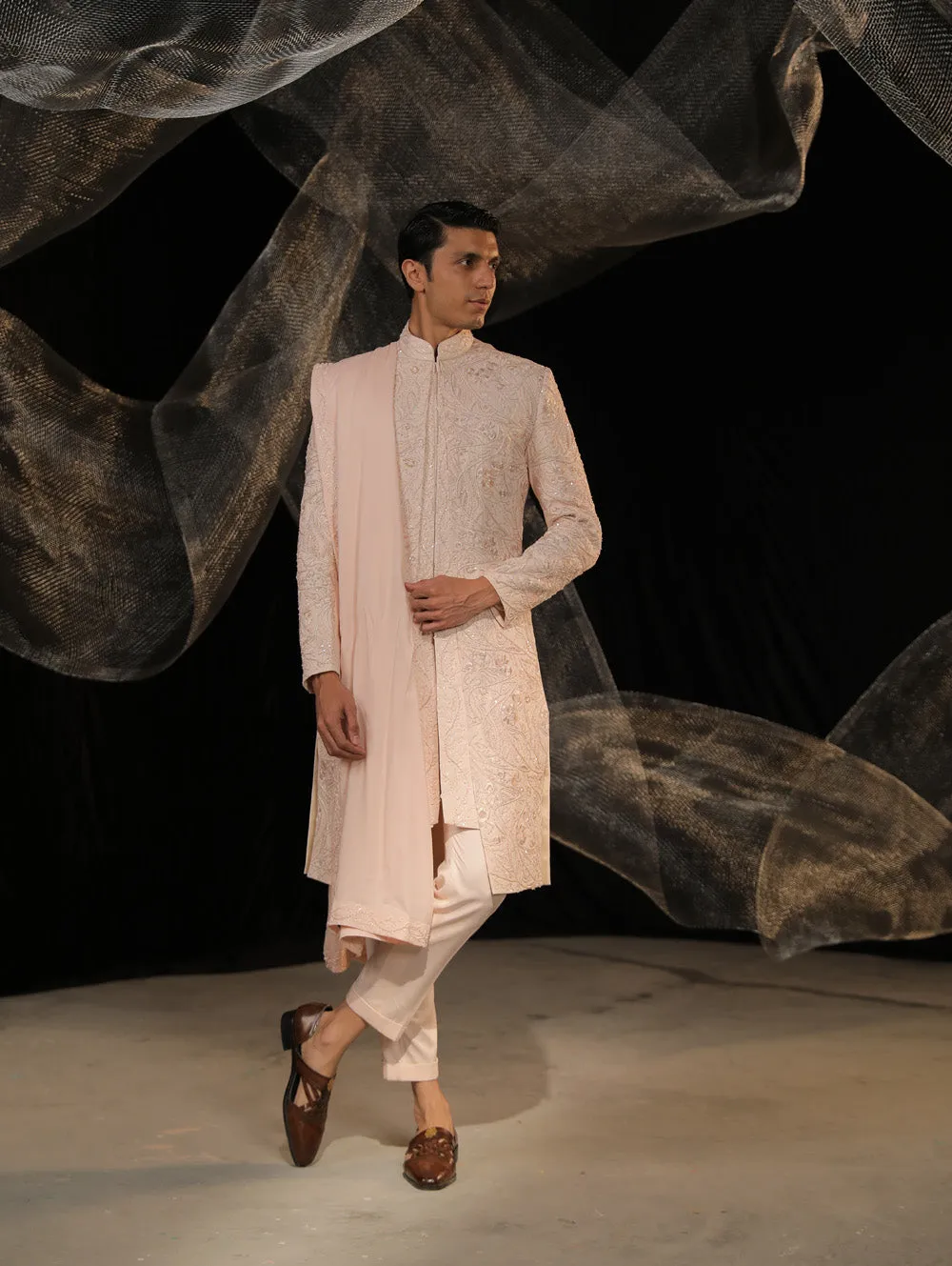 Crape Layerd Sherwani With Ai Designed Bead And Resham Work