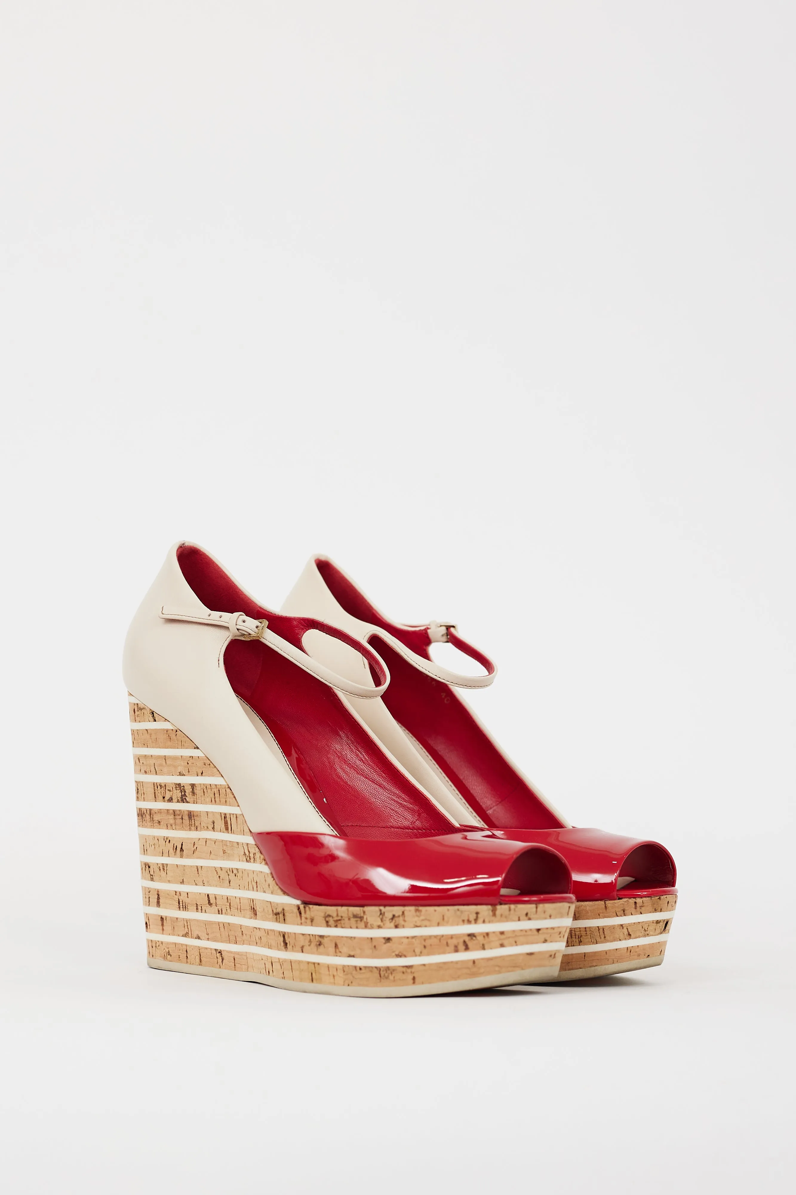 Cream & Red Leather Wedge Heel