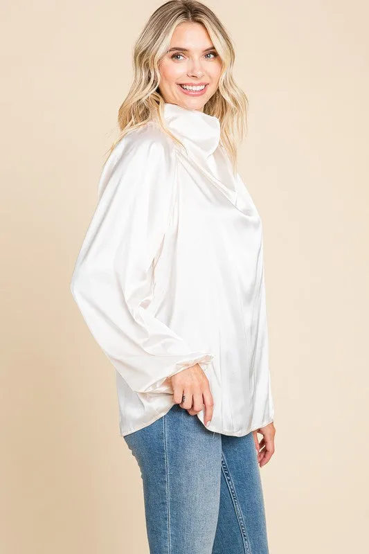 Cream Cowl Neck Long Sleeve Satin Blouse Top