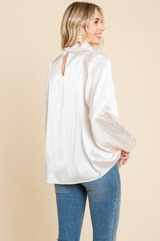 Cream Cowl Neck Long Sleeve Satin Blouse Top