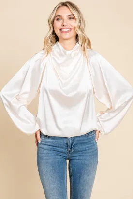 Cream Cowl Neck Long Sleeve Satin Blouse Top