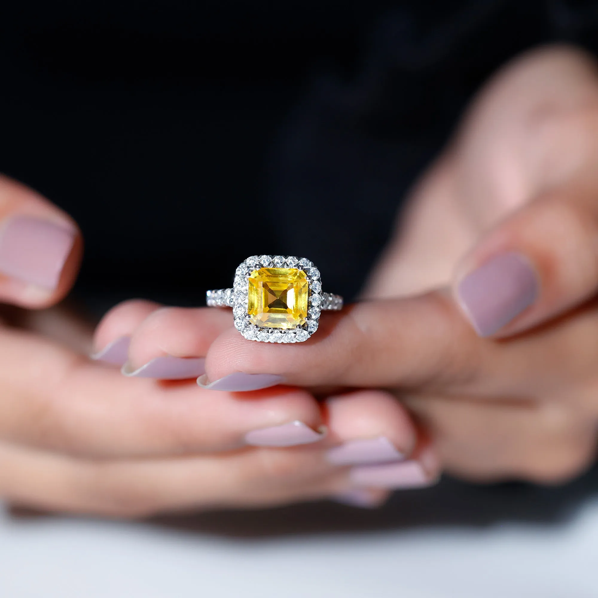 Created Yellow Sapphire and Moissanite Halo Engagement Ring