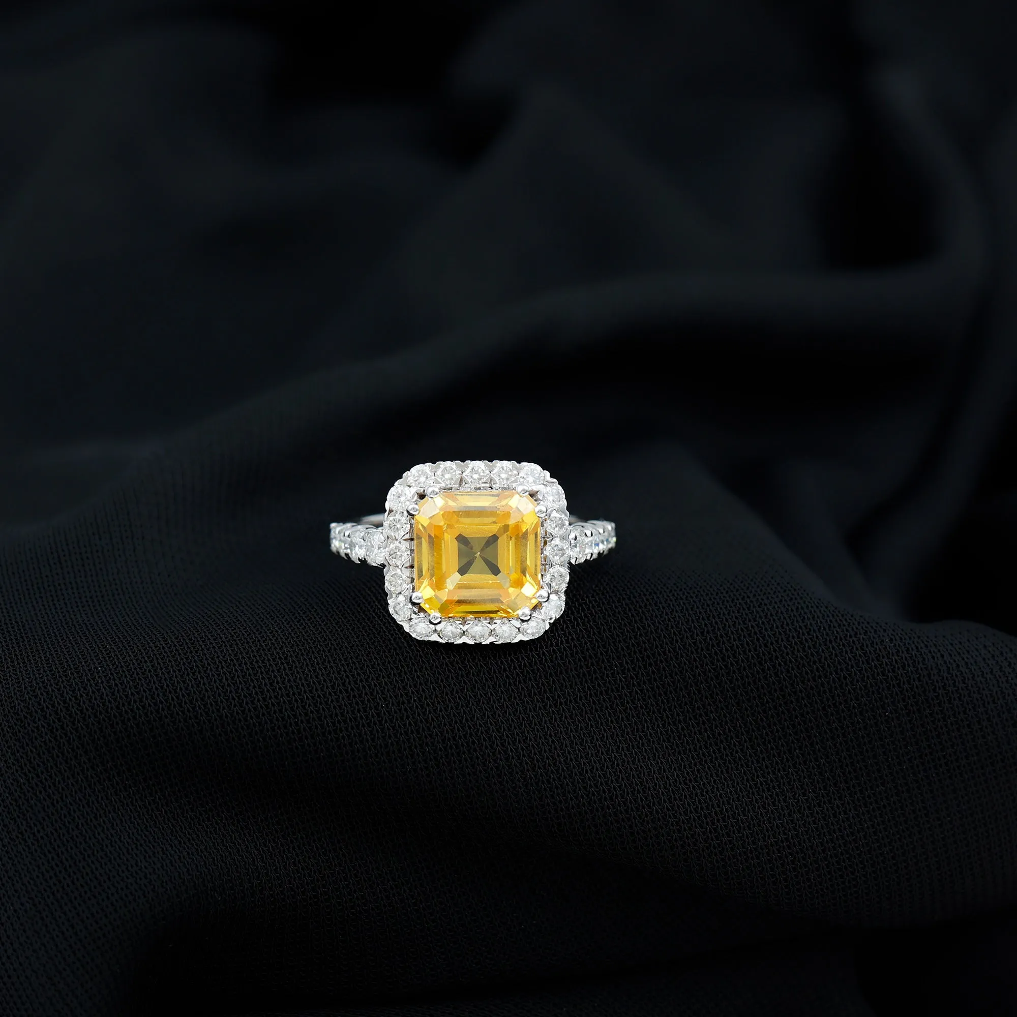 Created Yellow Sapphire and Moissanite Halo Engagement Ring