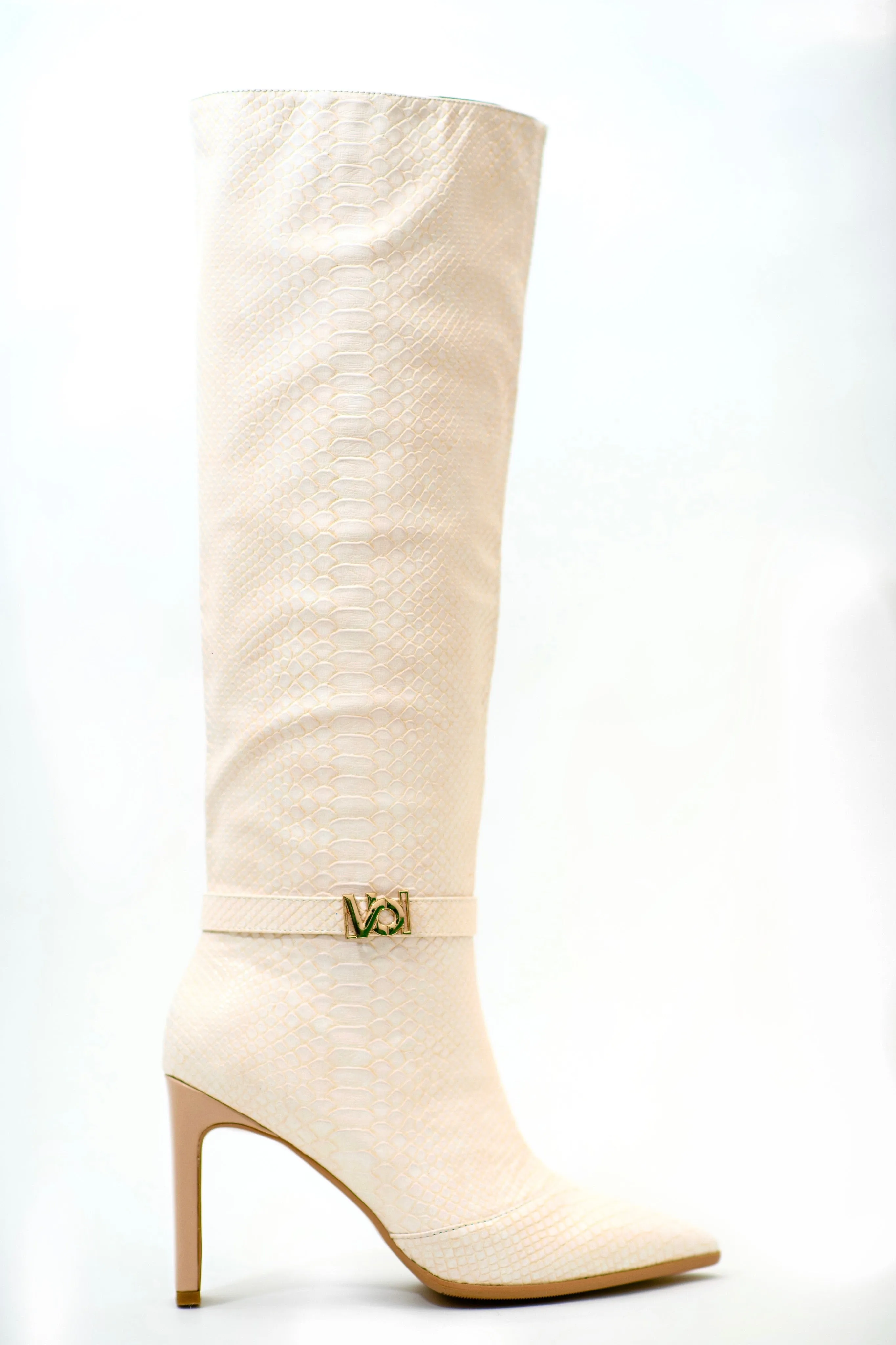 Croc Effect Knee High Boots in Cream Chameleon