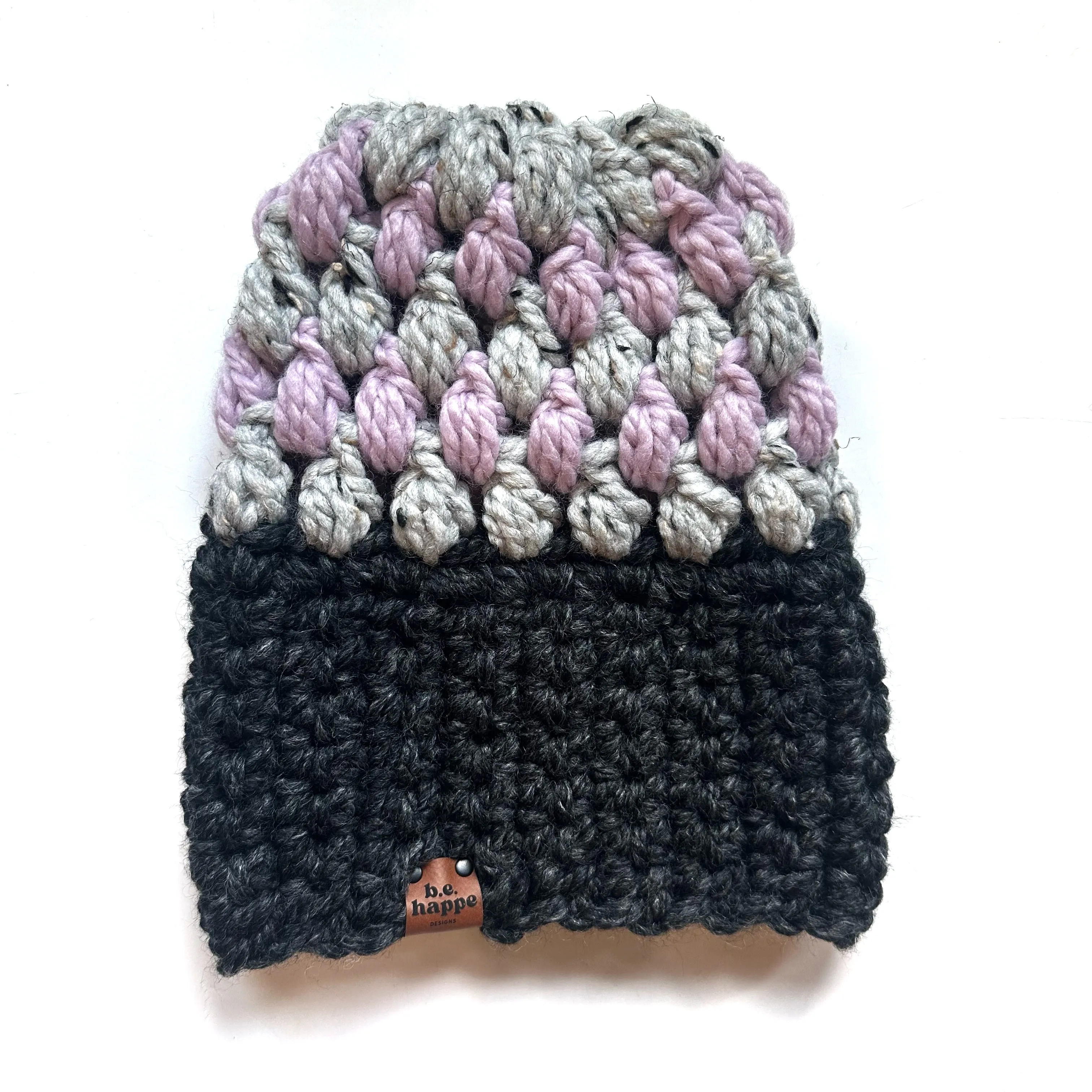 Crochet Puff Stitch Slouch Hat | Grey   Purple Alternating