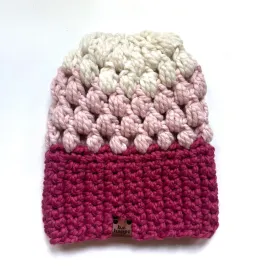 Crochet Puff Stitch Slouch Hat | Pink   Cream