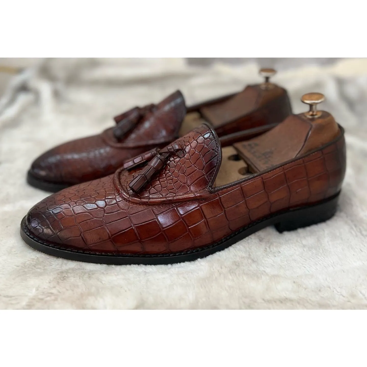 Crocodile Tassel Loafers - Brown