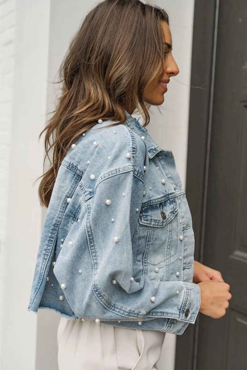 Cropped Beaded Pearls Denim Jacket