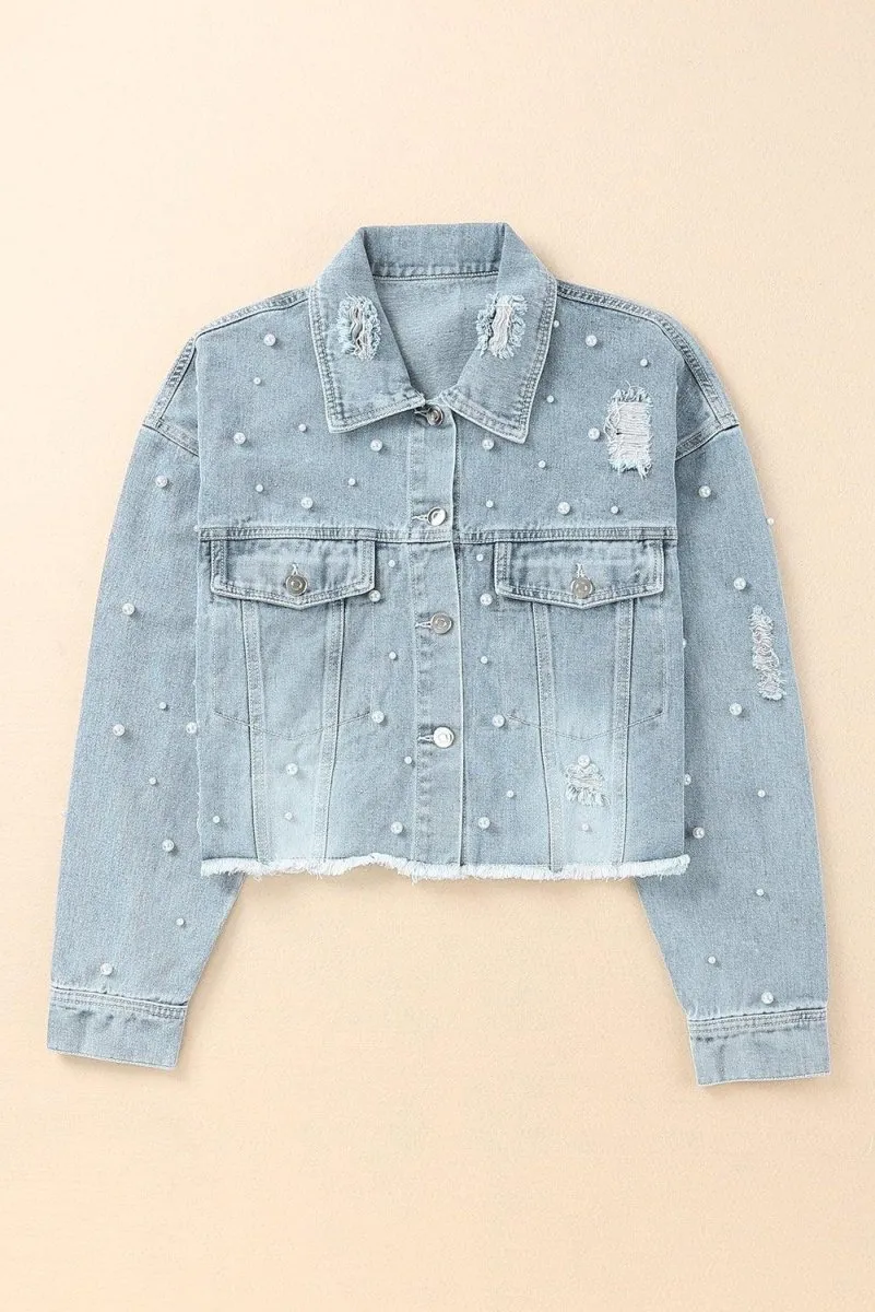 Cropped Beaded Pearls Denim Jacket