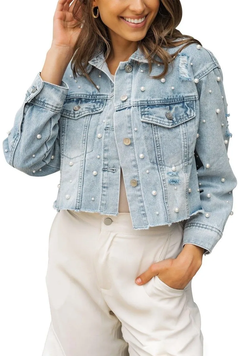 Cropped Beaded Pearls Denim Jacket