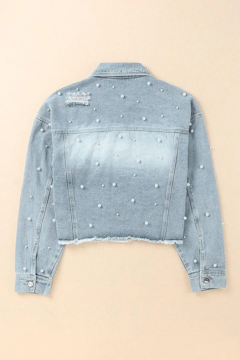 Cropped Beaded Pearls Denim Jacket