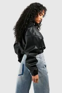 CROPPED FAUX LEATHER BOMBER JACKET