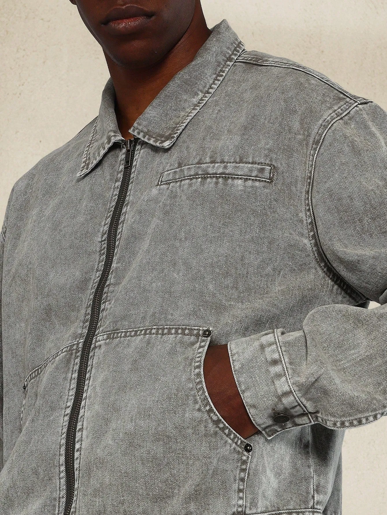 Cropped Zip Through Twill Washed Denim Jacket