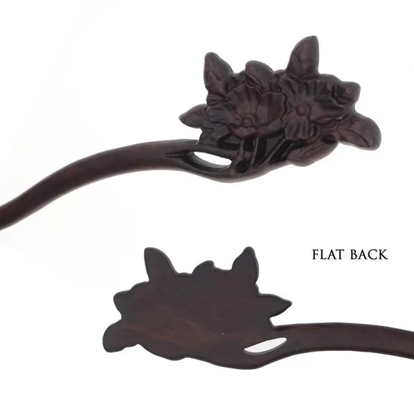 CrystalMood Carved Ebony Wood Flat-Back Hibiscus Hair Stick