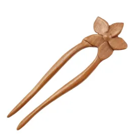 CrystalMood Handmade Carved 2-Prong Wood Floral Hair Stick