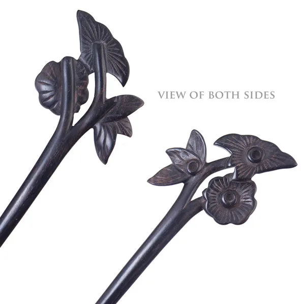 CrystalMood Handmade Carved Wood Hair Stick Blooming 7.75" Ebony