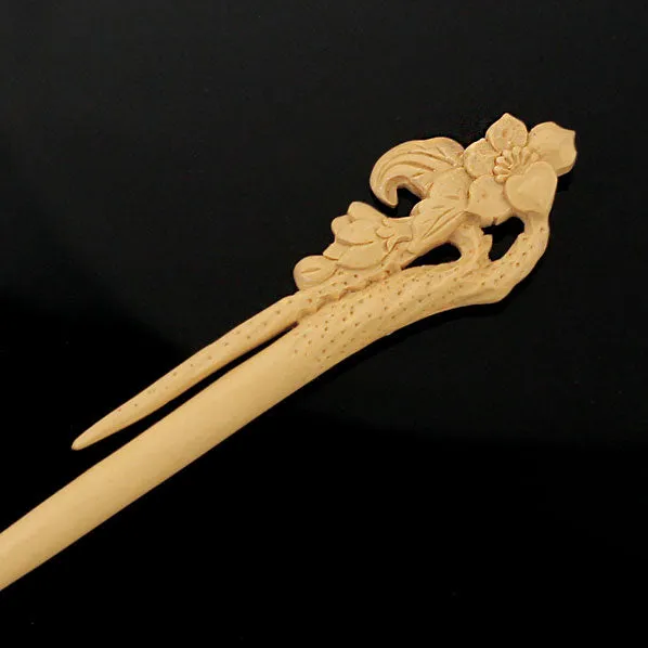 CrystalMood Handmade Carved Wood Hair Stick Narcissus 6.25" Boxwood