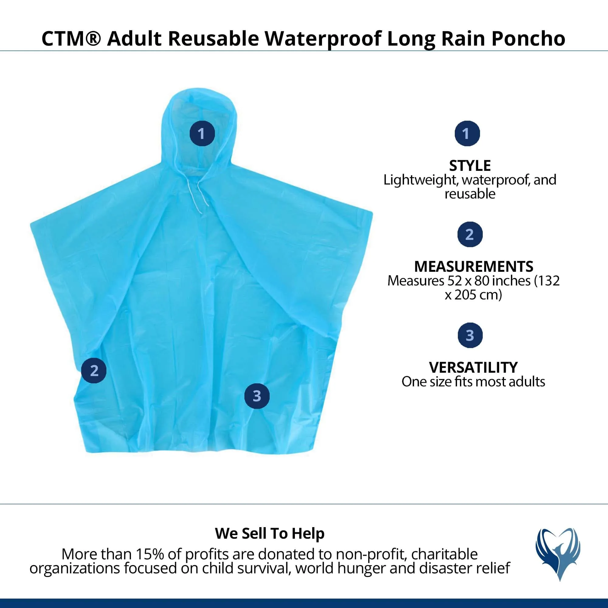 CTM® Adult Reusable Waterproof Long Rain Poncho