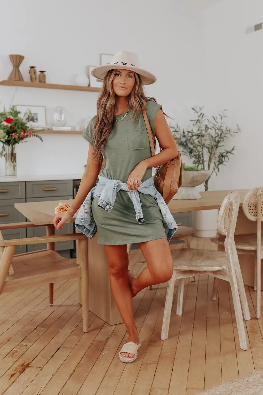 Cuffed Sleeve Olive Pocket T-Shirt Dress - FINAL SALE