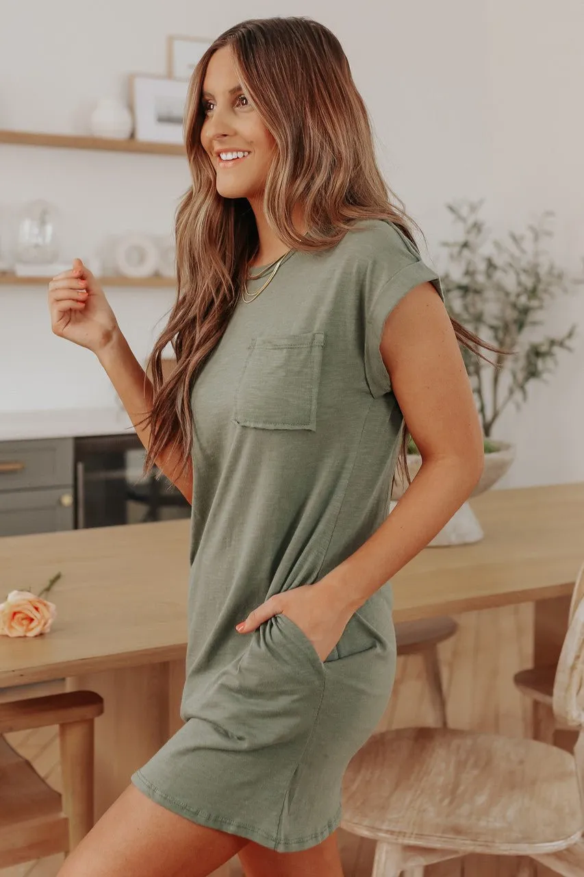 Cuffed Sleeve Olive Pocket T-Shirt Dress - FINAL SALE