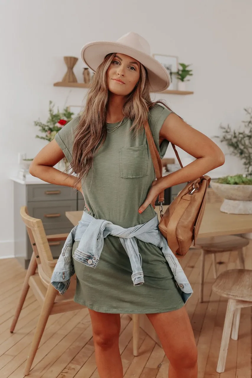 Cuffed Sleeve Olive Pocket T-Shirt Dress - FINAL SALE