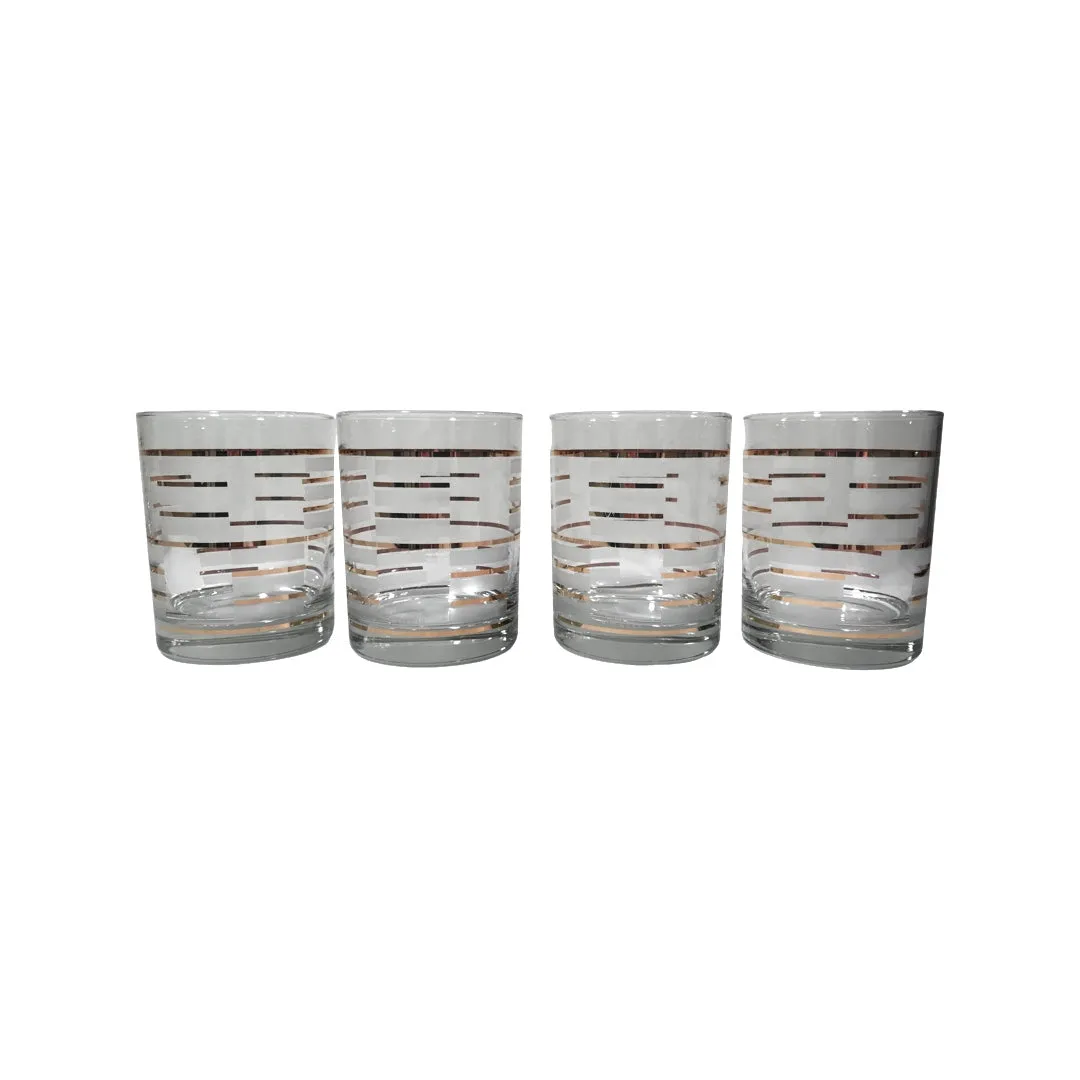 Culver Signed Gold and Frosted White Geometric Double Old Fashion Glasses (Set of 4)