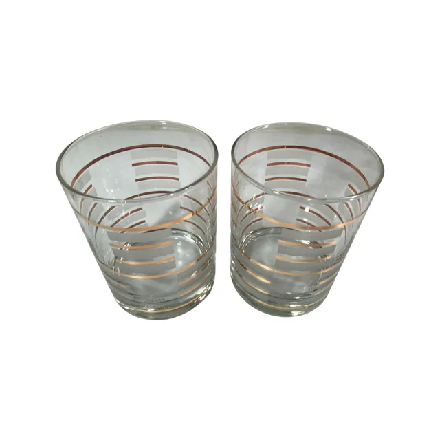 Culver Signed Gold and Frosted White Geometric Double Old Fashion Glasses (Set of 4)