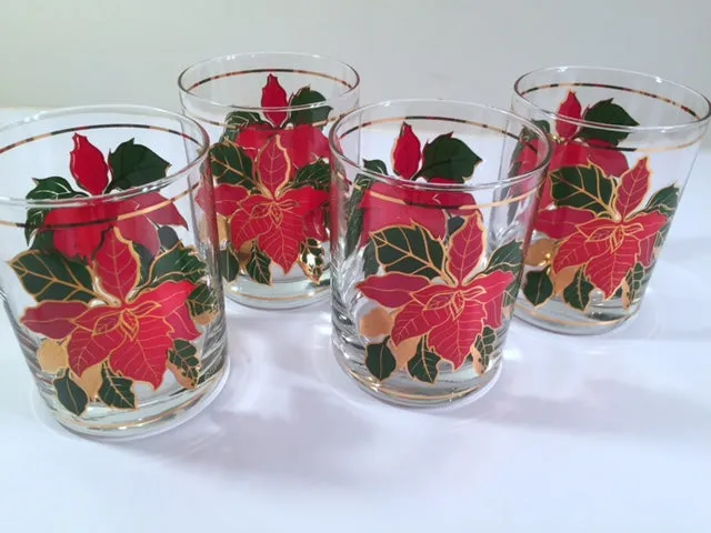 Culver Signed Mid-Century Poinsettia Double Old Fashion Glasses (Set of 4)