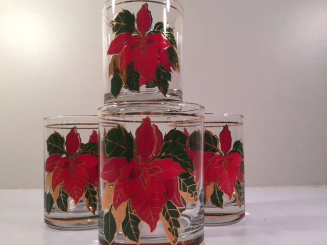 Culver Signed Mid-Century Poinsettia Double Old Fashion Glasses (Set of 4)