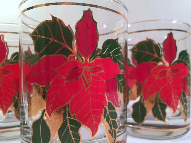 Culver Signed Mid-Century Poinsettia Double Old Fashion Glasses (Set of 4)