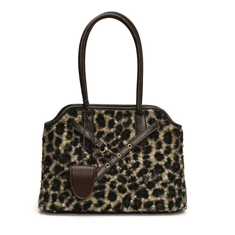 Curly Fur Fabric Leopard Tote Large Women Zipper Double Handles Shoulder Bags