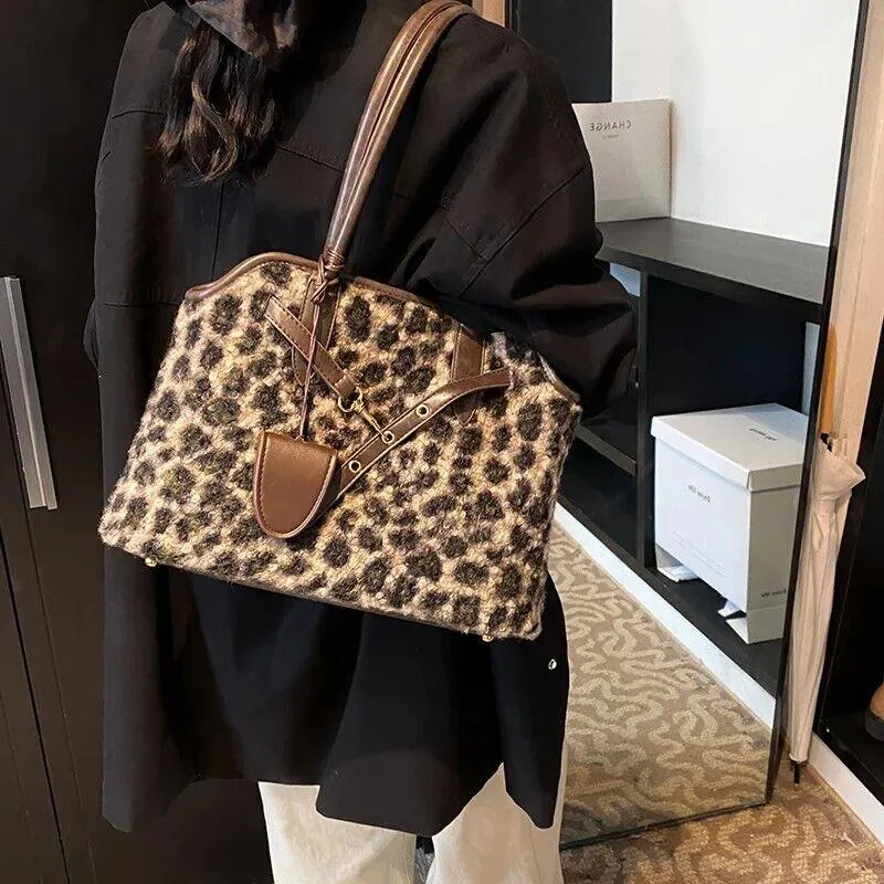 Curly Fur Fabric Leopard Tote Large Women Zipper Double Handles Shoulder Bags