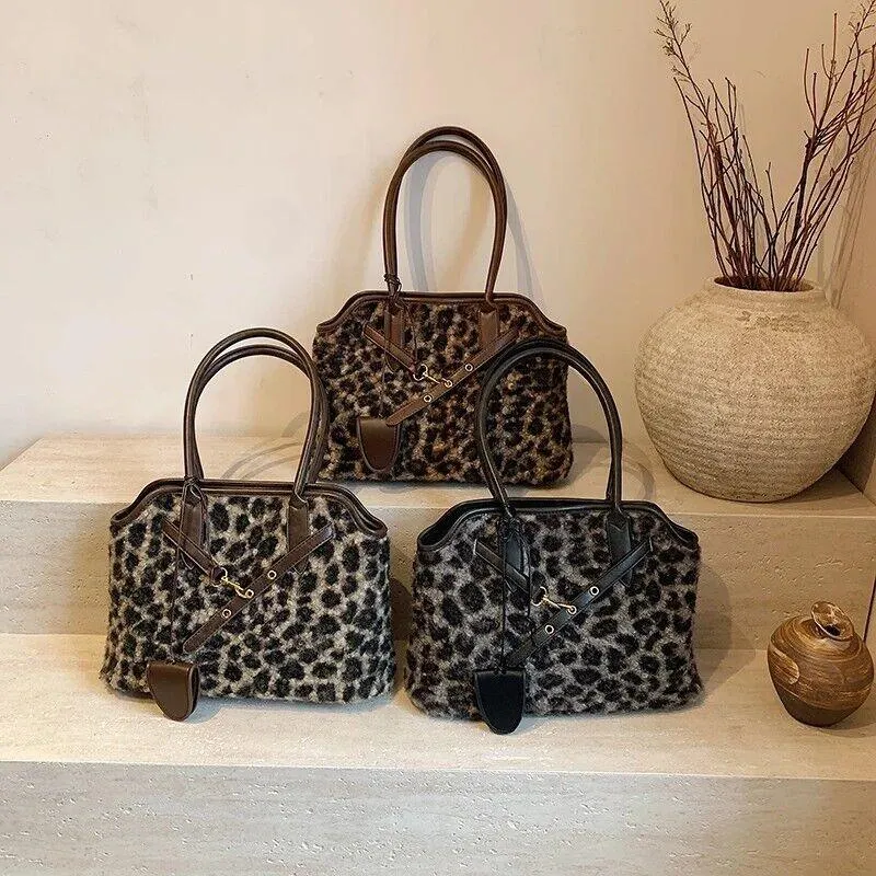 Curly Fur Fabric Leopard Tote Large Women Zipper Double Handles Shoulder Bags