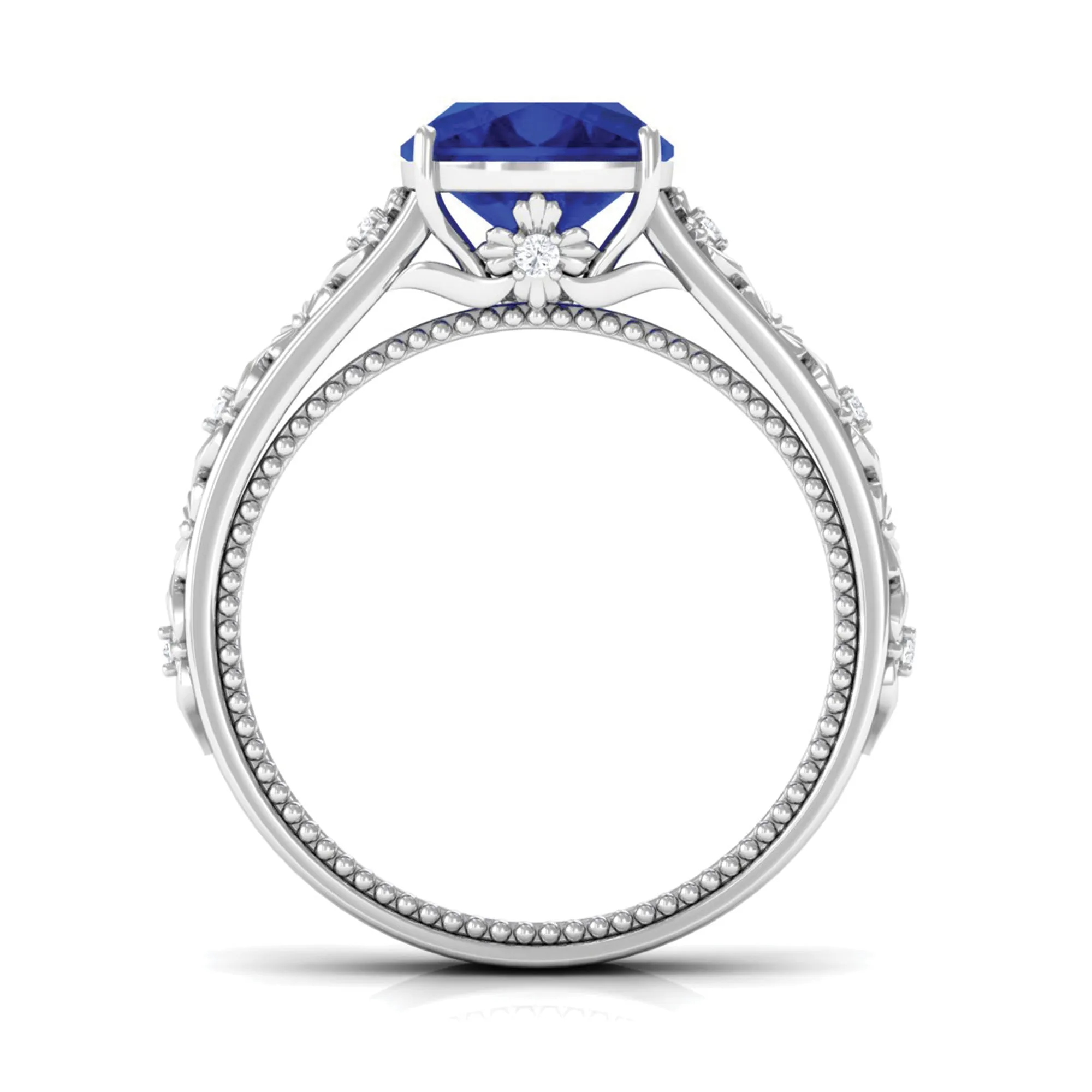 Cushion Cut Solitaire Created Blue Sapphire Floral Engagement Ring with Diamond